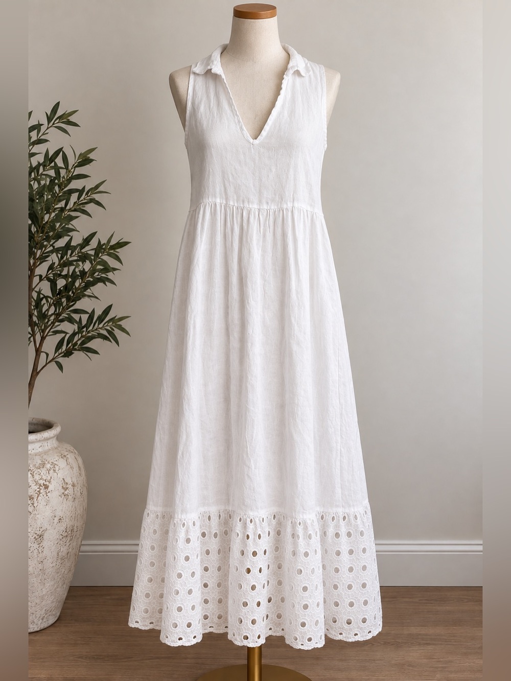 100% Linen White V-Neck Maxi Dress with Eyelet Hem